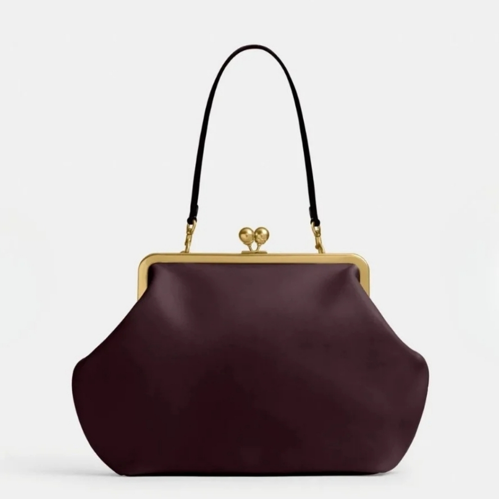 COACH Large Oversized Kisslock Frame Shoulder Bag Clutch Bag Brown